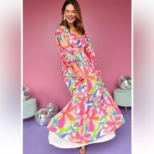 Boho V Neck Long Sleeve Smocked Cuff Waist Band Maxi Dress by Flying Tomato